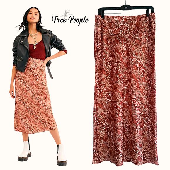 FREE PEOPLE NEW Boho Snake Print Silky A-Line Maxi Skirt 12 - Picture 1 of 11